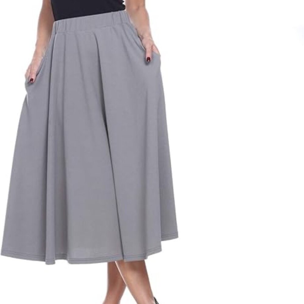 Grey A-Line Flared Midi Skirt with Pockets